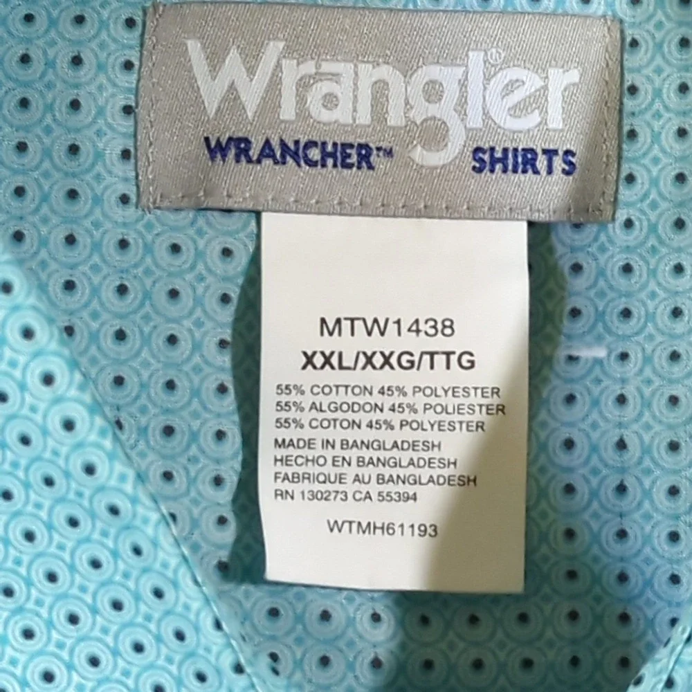 Wrangler Wrancher Pearl Snap Shirt‎ Mens XXL Light Blue Geometric Western
